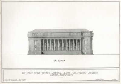 Framifrån, Harry Elkins Widener Memorial Library för Harvard University, Cambridge, Massachusetts (litho) av Horace Trumbauer