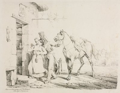 En husar som omfamnar en tjänare. av Emile Jean Horace Vernet