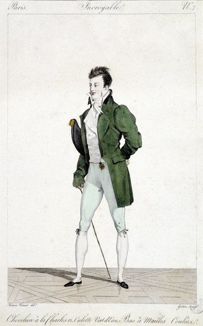 Underbara Paris. Man har Karl XII:s hår, klädd i vattengröna trosor och flöta nätstrumpor. Illustration av herrmode gjord omkring 1810 av Horace Vernet (1789 - 1863). av Emile Jean Horace Vernet