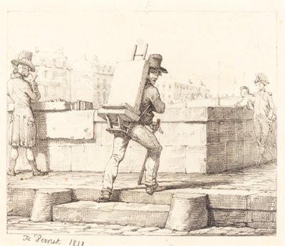 Konstnär som bär staffli med en litografisk sten av Emile Jean Horace Vernet