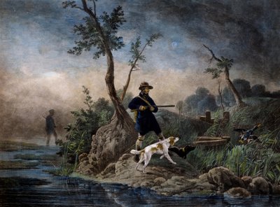Ankajakt i kärr, gravyr baserad på målning av Horace Vernet (1789-1863) av Emile Jean Horace Vernet