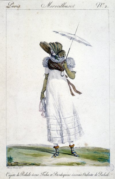 Modegravyr av Horace Vernet (1789 - 1863), gjord omkring 1810 för "A Wonderful", föreställande en kvinna som bär en ecru baldakin, ett blodigt, tartanbroderi och ett paraply. av Emile Jean Horace Vernet