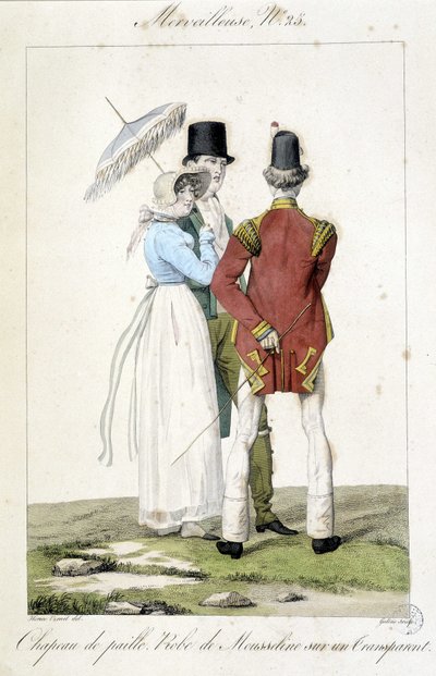 Modegravyr av Horace vernet (1789 - 1863) gjord omkring 1810 för nummer 25 av en "Fantastisk", som representerar feminint mode (halmhatt och chiffongklänning) och maskulint. av Emile Jean Horace Vernet