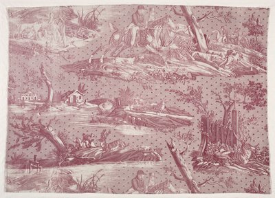 Fragment av kopparstickstryck i bomull med motiv av jaktscener av Horace Vernet