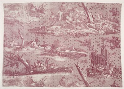 Fragment av koppartryckt bomull med jaktscendesign, ca. 1815. av Emile Jean Horace Vernet