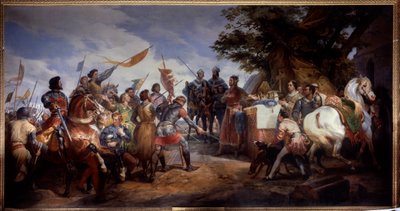 Fransk-engelska kriget (1202-1214): "" slaget vid Bouvines den 27/07/1214, Philippe Auguste sätter i spel Frankrikes krona"" Hon motsatte sig Philippe Augustes franska armé mot flamländarna och Othon IV. . Den franska segern var avgörande i o av Emile Jean Horace Vernet