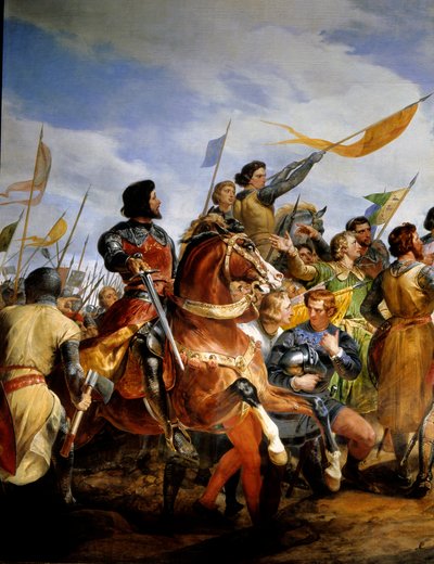 Fransk-engelska kriget (1202-1214): "" slaget vid Bouvines den 27/07/1214, Philippe Auguste sätter i spel Frankrikes krona"" Hon motsatte sig Philippe Augustes franska armé mot flamländarna och Othon IV. . Den franska segern var avgörande i o av Emile Jean Horace Vernet