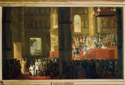 Kröningen av kejsarinnan Maria Feodorovna, 5 april 1797. (Kröningen av kejsarinnan Maria Feodorovna den 5 april 1797). Målning av Horace Vernet (1789-1863). Olja på duk, 60 x 95 cm. Fransk 1800-talskonst. Ryska statens museum, Sa av Emile Jean Horace Vernet