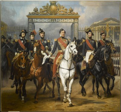 Kung Louis-Philippe omgiven av sina fem söner på väg ut genom huvudporten till Château de Versailles efter en militär genomgång på borggårdarna, 10 juni 1837. av Horace Vernet