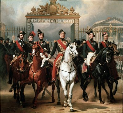 Kung Louis-Philippe omgiven av sina fem söner lämnar genom huvudporten till slottet i Versailles efter att ha passerat en militär granskning på gårdarna av Emile Jean Horace Vernet