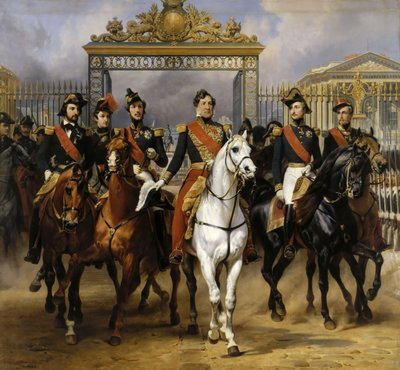 Louis Philippe och hans söner till häst vid denna lämna Versailles av lås, 10 juni 1837 av Emile Jean Horace Vernet