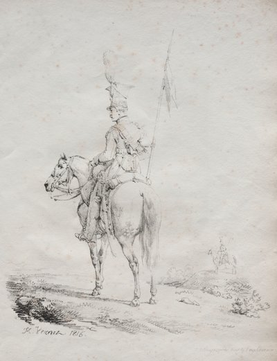 Samling av litografiska essäer: Le Lancier en Vedette, 1816. av Emile Jean Horace Vernet