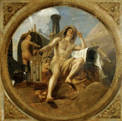 The Genius of Steam on Earth Takmålning, Salle des Pas perdus, 1839-1847. av Emile Jean Horace Vernet