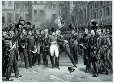 Napoleon Bonapartes (1769-1821) farväl till den kejserliga vakten på gården i Cheval Blanc i Fontainebleau 1814-04-20 Gravyr av Emile Vernet dit Horace Vernet (1789-1863) 1814 Paris, B.N. av Emile Jean Horace Vernet
