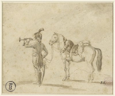 Trumpetare bredvid häst av Emile Jean Horace Vernet