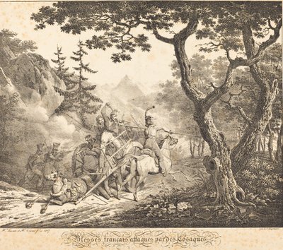 Sårade franska attackerade av en kosack av Horace Vernet and Hippolyte Lecomte