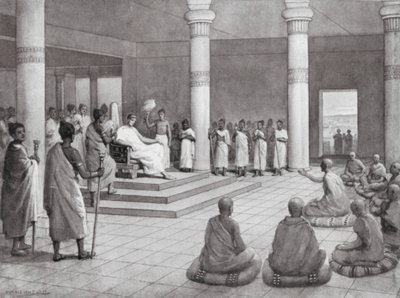 Kung Milinda ställer frågor, 140 f.Kr (litografi) av Horace van Ruith