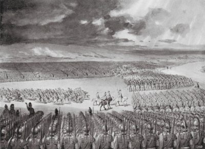 Porus inväntar Alexanders attack, juli 326 f.Kr (litografi) av Horace van Ruith