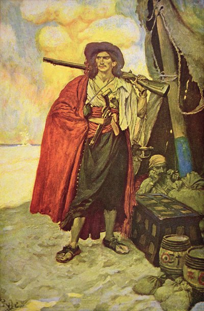 Buccaneer of Hispaniola i Karibien (färg litho) av Howard (after) Pyle