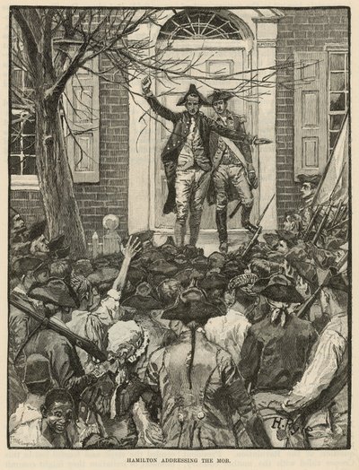 Hamilton tilltalar mobben (gravyr) av Howard (after) Pyle
