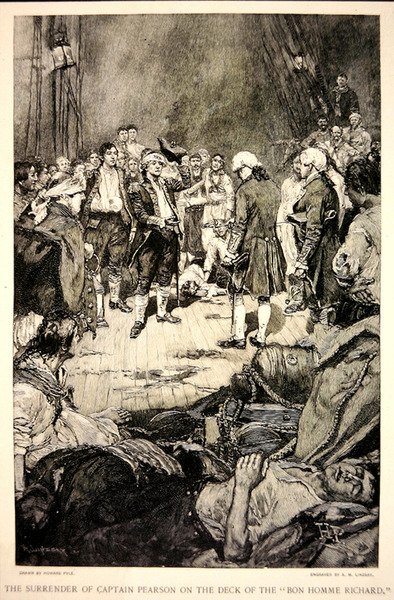 Kapten Pearsons överlämnande till John Paul Jones på Bonhomme Richards däck 1779 (litho) av Howard (after) Pyle