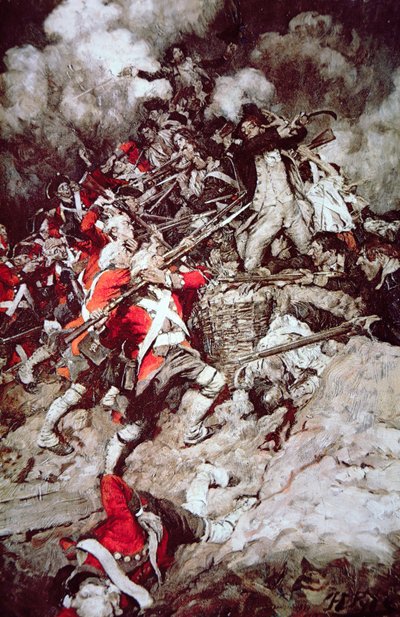 De klättrade upp bräckningen och gick över toppen, Pell Mell, på britterna, ca 1897 (färg litho) av Howard (after) Pyle
