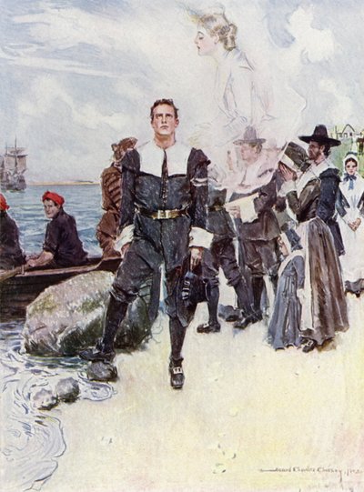 Illustration för The Courtship of Miles Standish av Henry Wadsworth Longfellow (litho i färg) av Howard Chandler (after) Christy