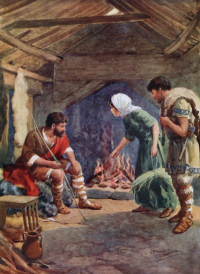 Alfred den store i den prydliga flockens stuga (färg litho) av Howard Davie