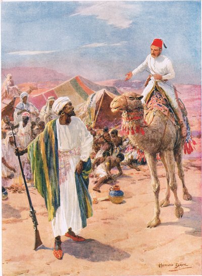 "Ensam och obeväpnad Gordon red in i slaverslägret", illustration från "Modiga gärningar av modiga män" av C. Sheridan Jones, pub. 1922 (lito) av Howard Davie