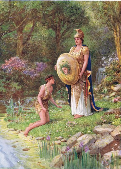 "Vågar du möta ett sådant monster som detta?", illustration för "How Perseus vowed a Rash Vow", från The Heroes of Greek Fairy Tales, av Charles Kingsley (1819-75) (färg litho) av Howard Davie