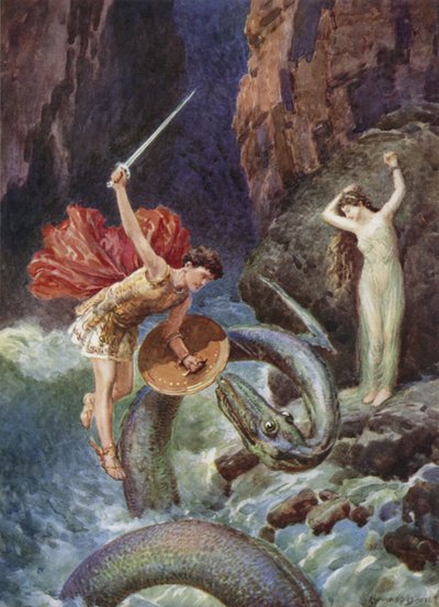 Ned från luftens höjd föll Perseus. Från hur Perseus kom till Etioperna (färg litho) av Howard Davie