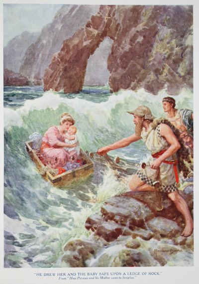 "Han ritade henne och barnet säkert på en avsats av sten" (färg litho) av Howard Davie