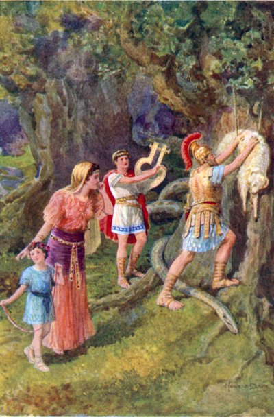 "Jason slet av fleece från trädstammen" (färg litho) av Howard Davie