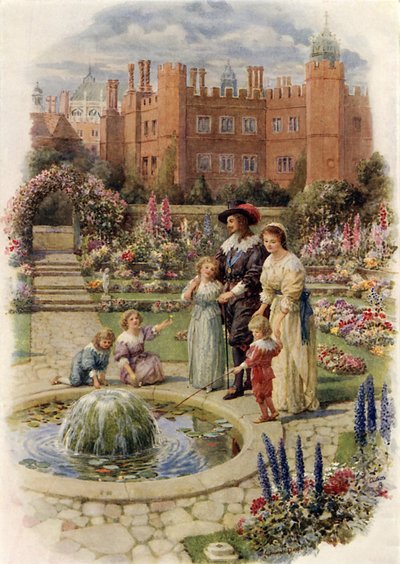 Kung Charles I och drottning Henrietta på Hampton Court (färg litho) av Howard Davie