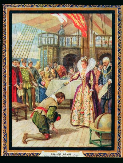 Drottning Elizabeth I (1530-1603) riddar Francis Drake (1540-96), illustration från "Heroes of History" (färg litho) av Howard Davie