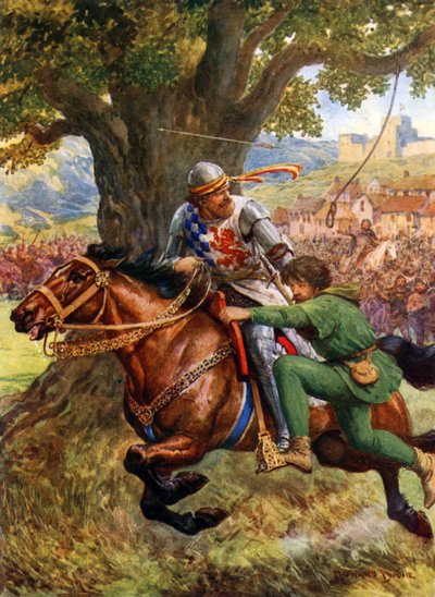 "Robin Hood räddar Little John" (litho i färg) av Howard Davie