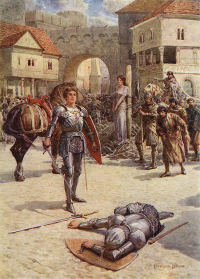 St George till räddningen, den stolte jarlen av Coventry låg död (färg litho) av Howard Davie