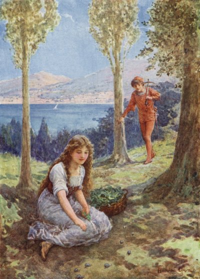 "Plötsligt stannade han och stirrade hänförd" från "Filadoro" (färg litho) av Howard Davie