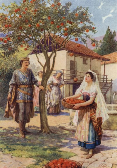 "Frukten föll av sig själv i korgen" från "The Fairy Kittens" (färg litho) av Howard Davie