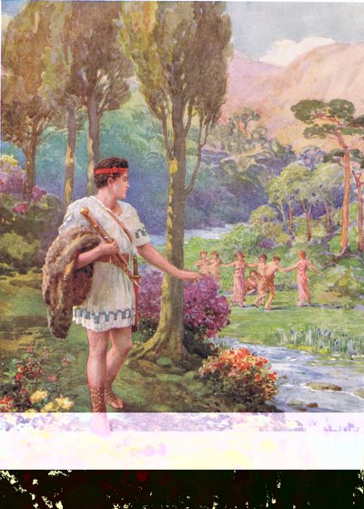 "Under skuggan av klippor och träd dansade nymfer och herdar", illustration för "Hur Theseus dräpte människornas slukare", från The Heroes of Greek Fairy Tales, av Charles Kingsley (1819-75) (färg litho) av Howard Davie