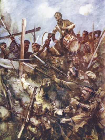 Trummisen Walter Ritchie står på fiendens bröstvärn för att ljuda laddningen, under kraftig kulspruteeld och bombattacker, Beaumont Hamel, Frankrike, 1 juli 1916 av Howard K. Elcock