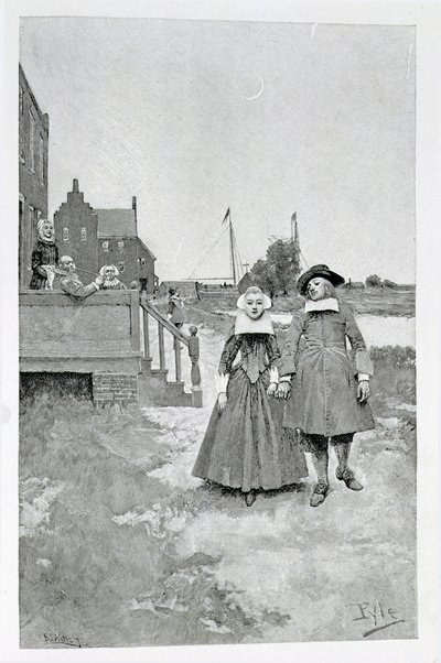 Längs kanalen på gamla Manhattan, illustration från "The Evolution of New York" av Thomas A. Janvier, pub. i Harper