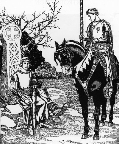 Arthurian Legend: Galahad Meets Melyas de Lyle Illustration av Howard Pyle (1853-1911) från The Story of the Graal and the passing of Arthur” 1910 Private Collection av Howard Pyle