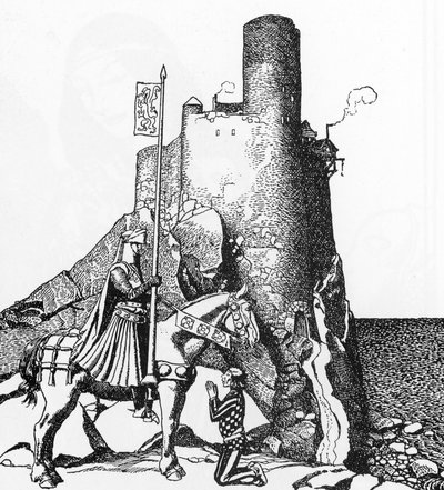 Arthurian Legend: Tristan anländer till Nabons slott (Sir Tristam anländer till Sir Nabons slott) Illustration av Howard Pyle (1853-1911) från "The Story of the champions of the round table"" 1905 Privat samling av Howard Pyle