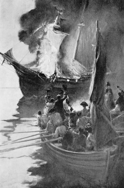 Bränning av "Gaspee", illustration från "kolonier och nation" av Woodrow Wilson, pub. i Harper