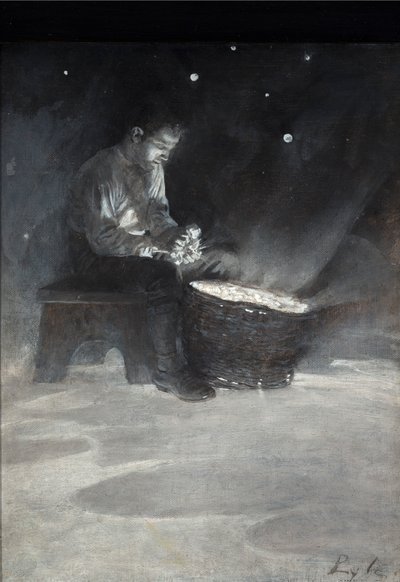 David satte sig på träbänken och tog upp en stor blå stjärna, från "The Garden Behind the Moon" av Howard Pyle, publicerad 1895 (olja ombord) av Howard Pyle