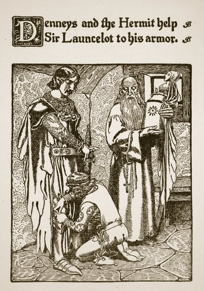 Denneys och eremiten hjälper Sir Launcelot att ta på sig rustningen, illustration från "The Story of Sir Launcelot and his Companions", 1907 av Howard Pyle