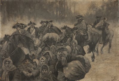 Fem rödklädda soldater till häst, en annan med ögonbindel ... runt dessa grupperar sig en brokig skara fattiga människor, unga och gamla av Howard Pyle