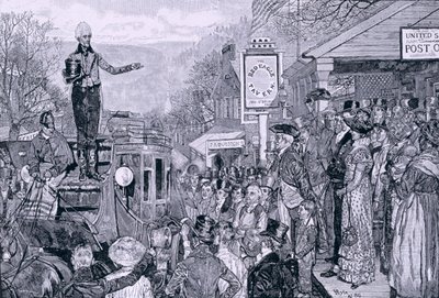 "General Jackson, tillträdande president, på väg till Washington", illustration från "A Presidential Progress", pub. i Harper