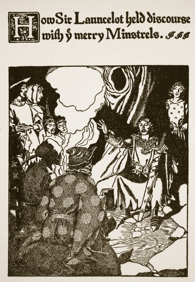 Hur Sir Launcelot höll samtal med de glada spelmännen, illustration från "The Story of Sir Launcelot and his Companions", 1907 av Howard Pyle